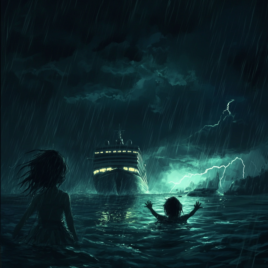 Vulnerable Girl Struggling in Ocean's Stormy Darkness