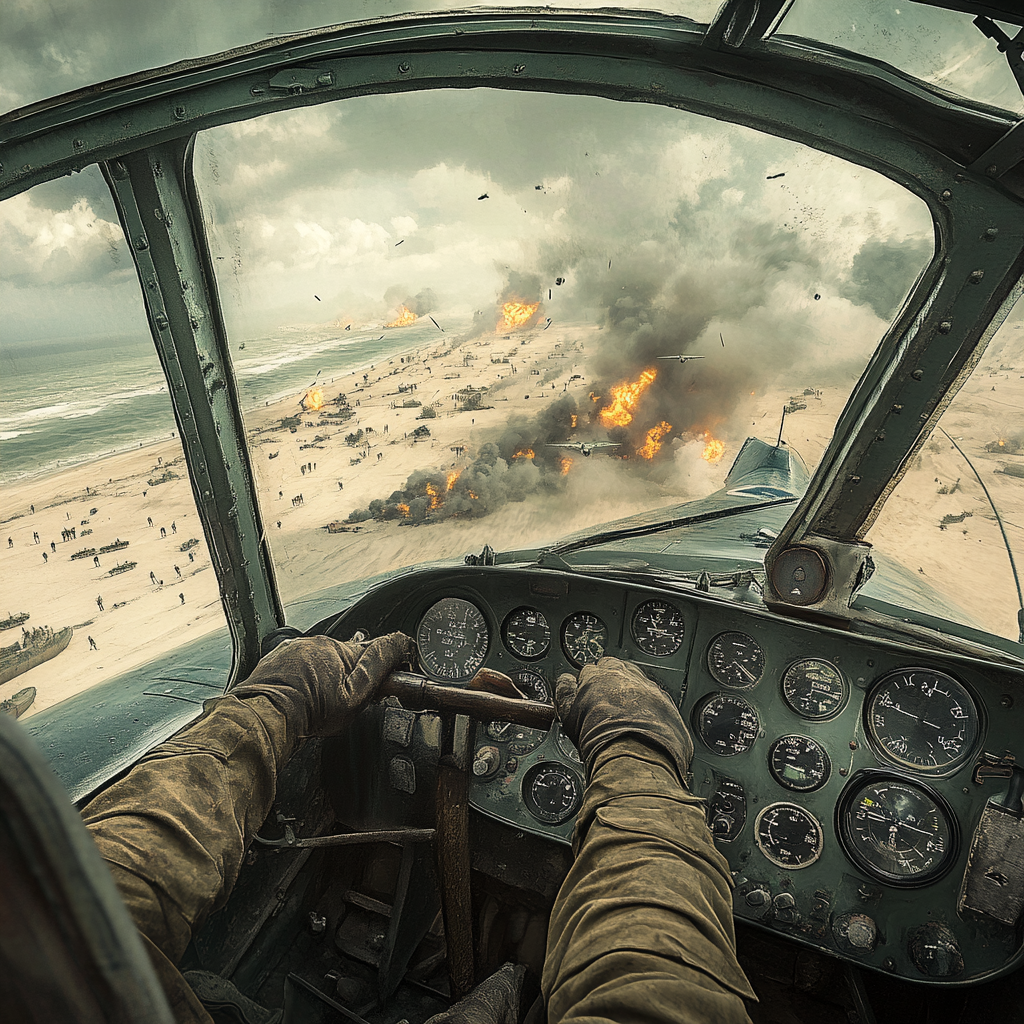 WWII scene of BF109 pilot during Dunkirk strafing.