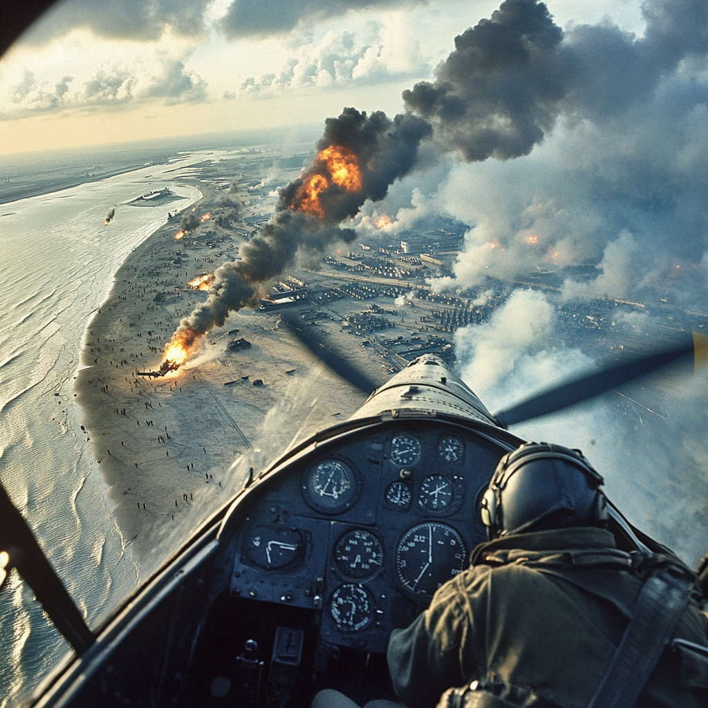 WWII scene with BF109 on strafing run at Dunkirk.