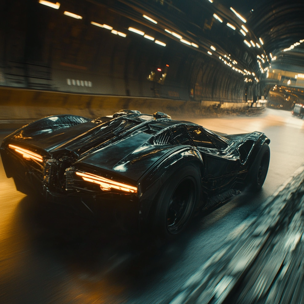 Wade races Batmobile-like car under city with cape