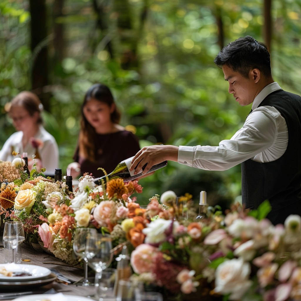 Waitstaff pouring drinks for corporate guests in forest dinner