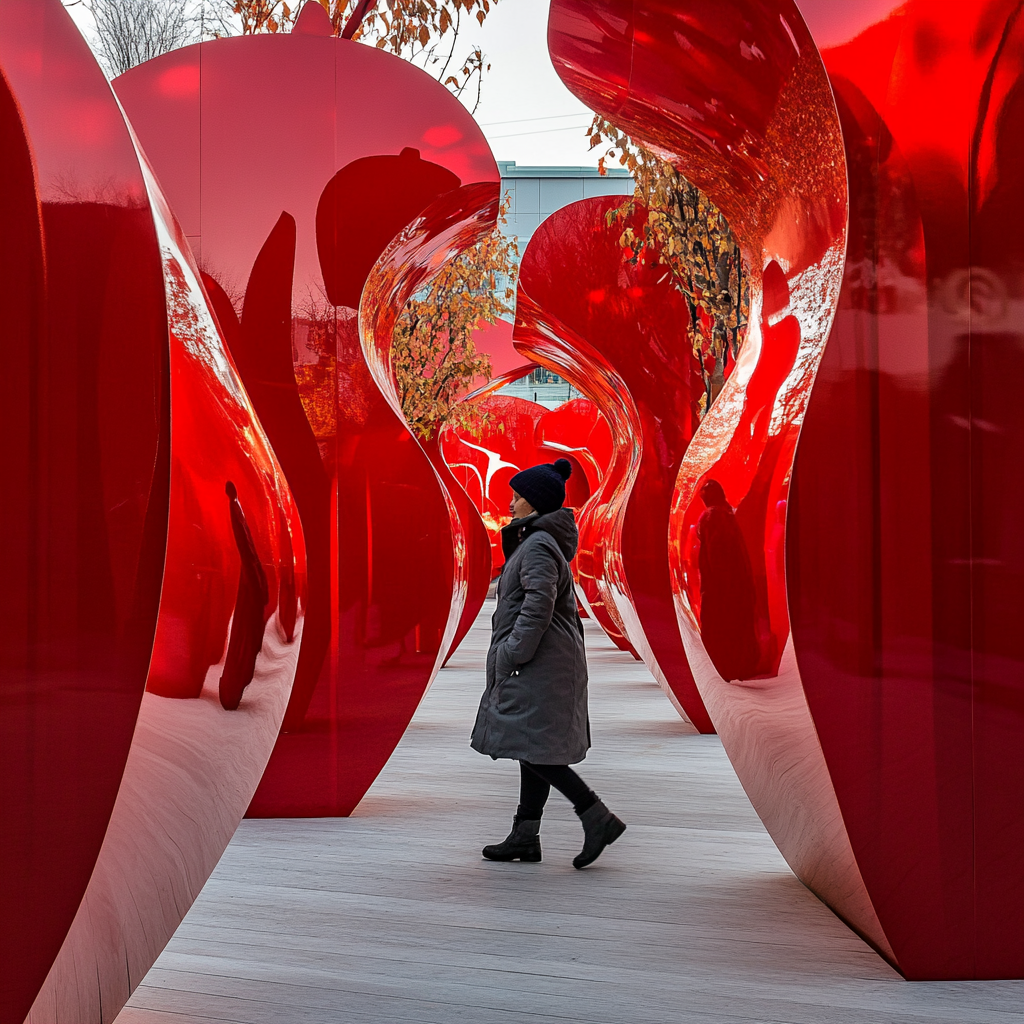 Walking through red apple walls in winter.