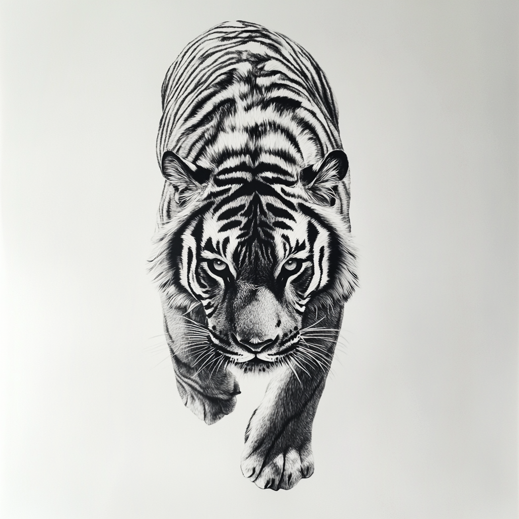 Walking tiger sketch in black and white