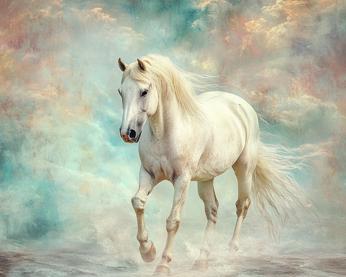 Walking white horse by sea with mane blowing in wind.