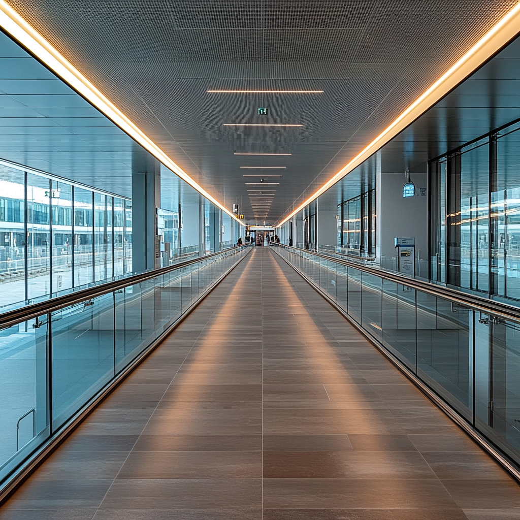 Walkways in modern building with handrails, kiosk at end.