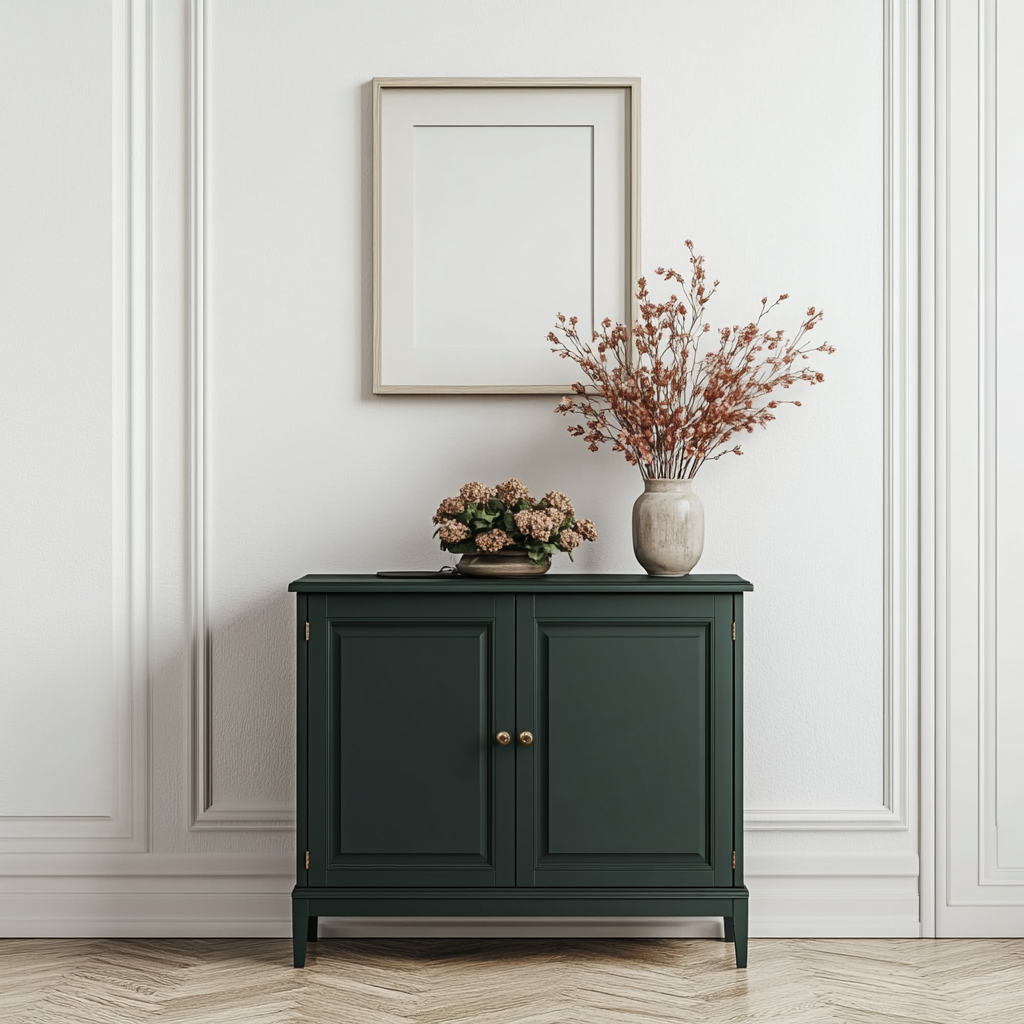 Wall with green cabinet, flower decor, empty frame.