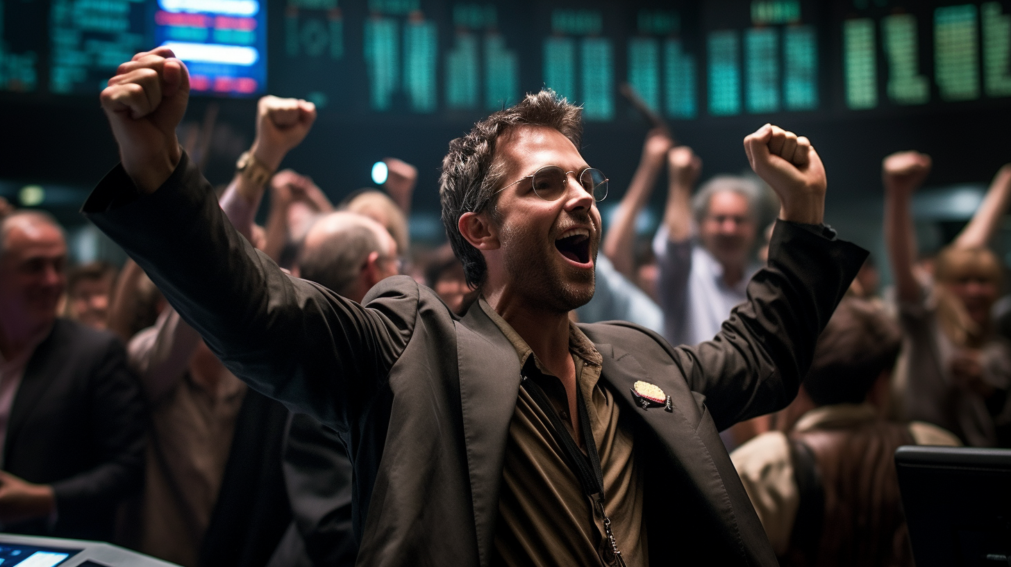 Wallstreet trader celebrating financial victory