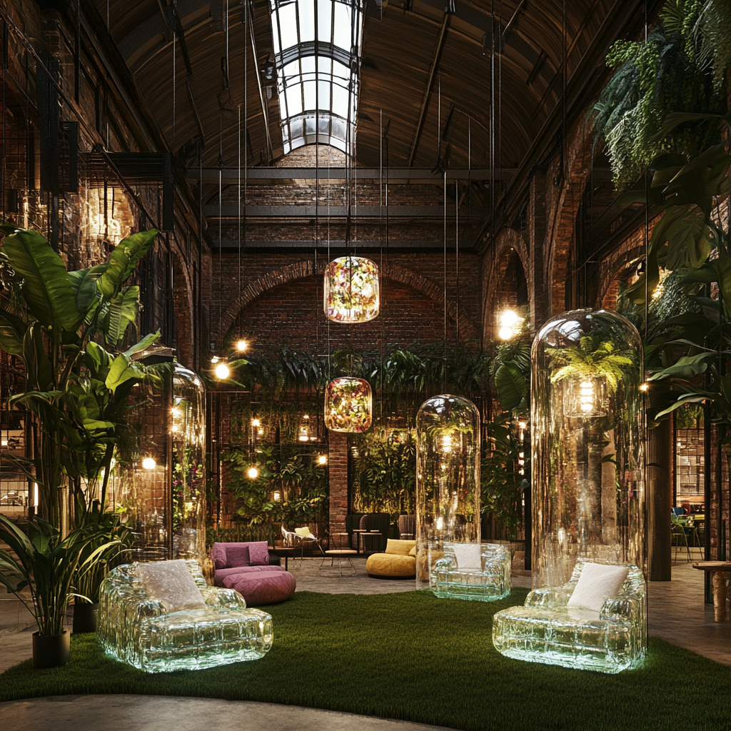 Warehouse plants encased in ice, grass floor, pendant lights