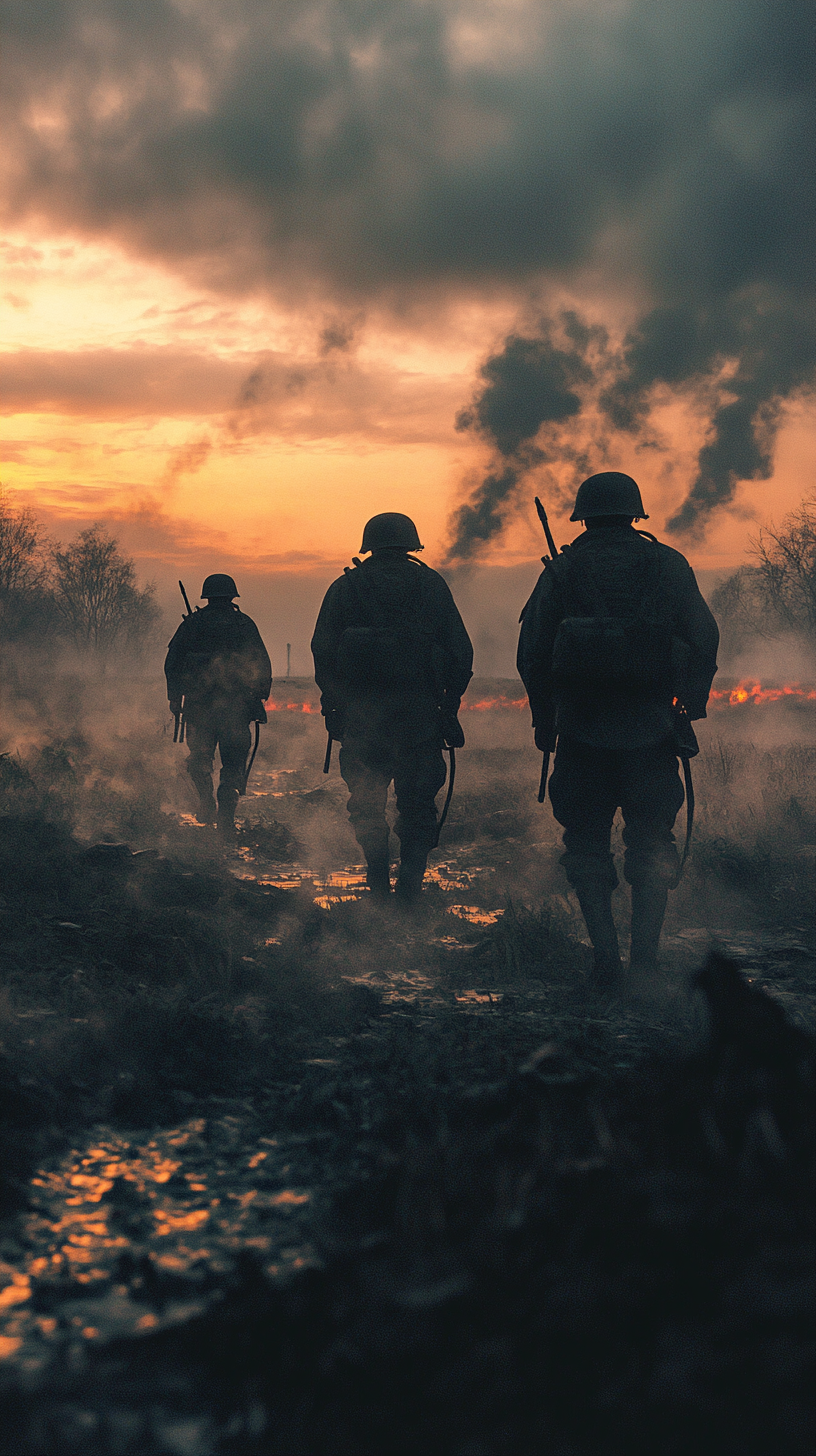 Warfare's enduring legacy shown in detailed hyperrealistic photography.