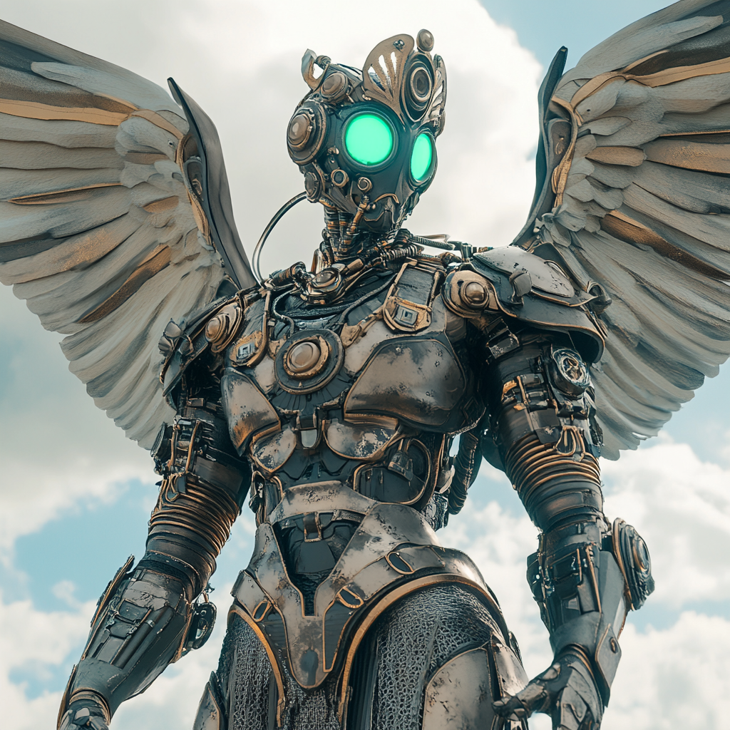 Warforged male Angel flying in the sky, glowing teal eyes.