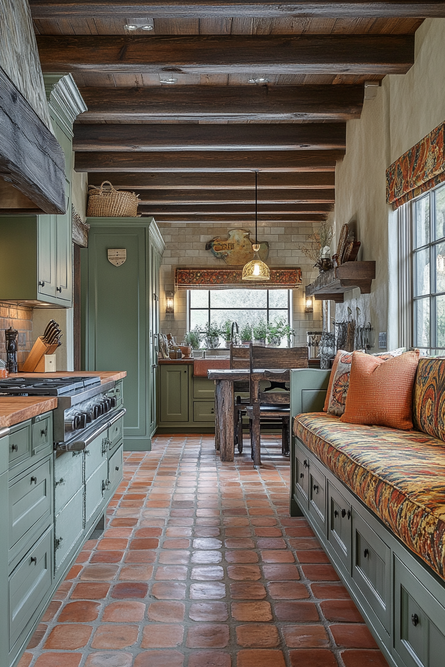 Warm Terra Cotta Kitchen with Olive Green Cabinetry