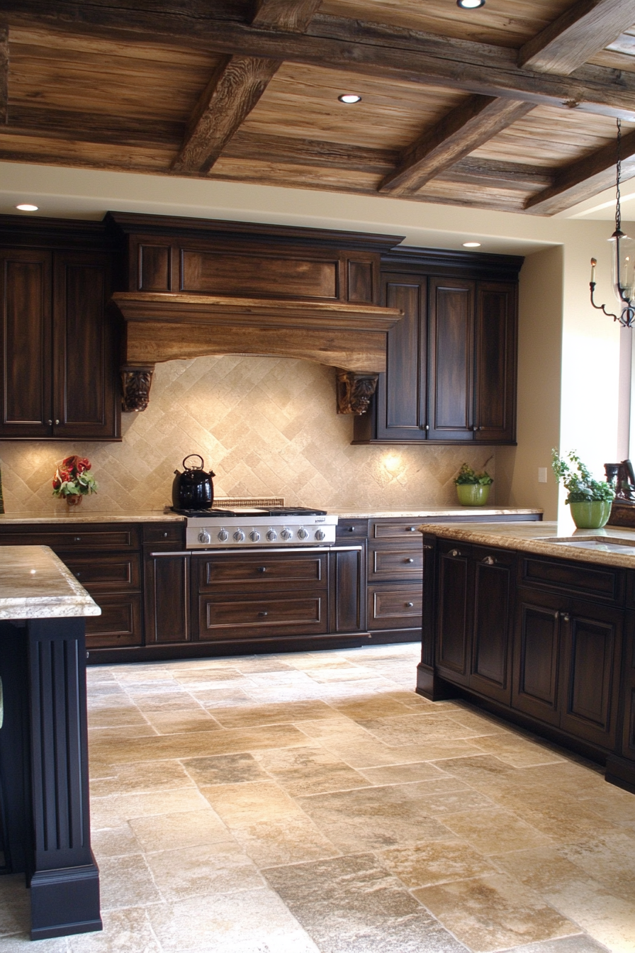 Warm Walnut Kitchen: Dark Cabinets with Green Accents