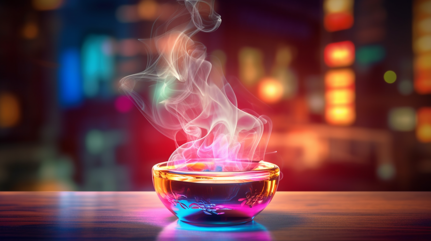 Warm ambiance with swirling smoke in elegant ashtray.