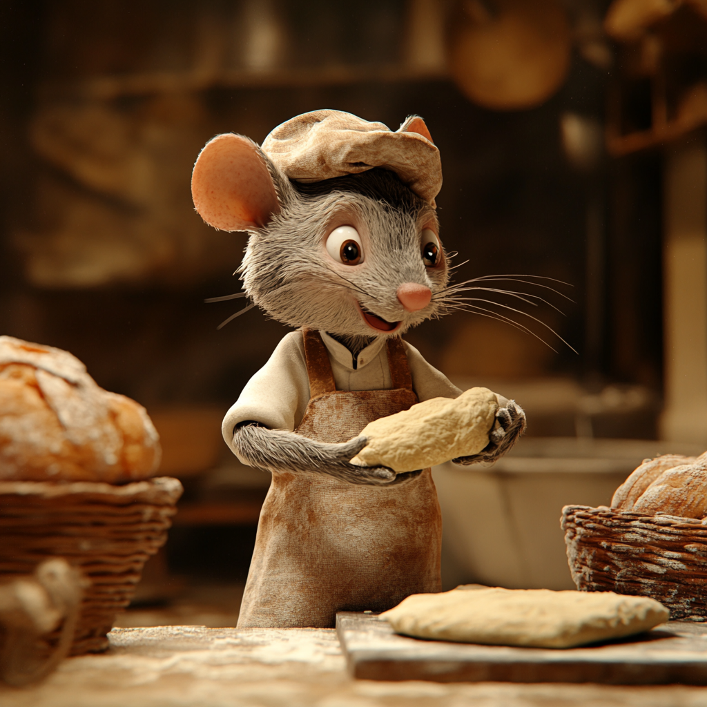 Warm bakery background with mouse baker kneading dough.