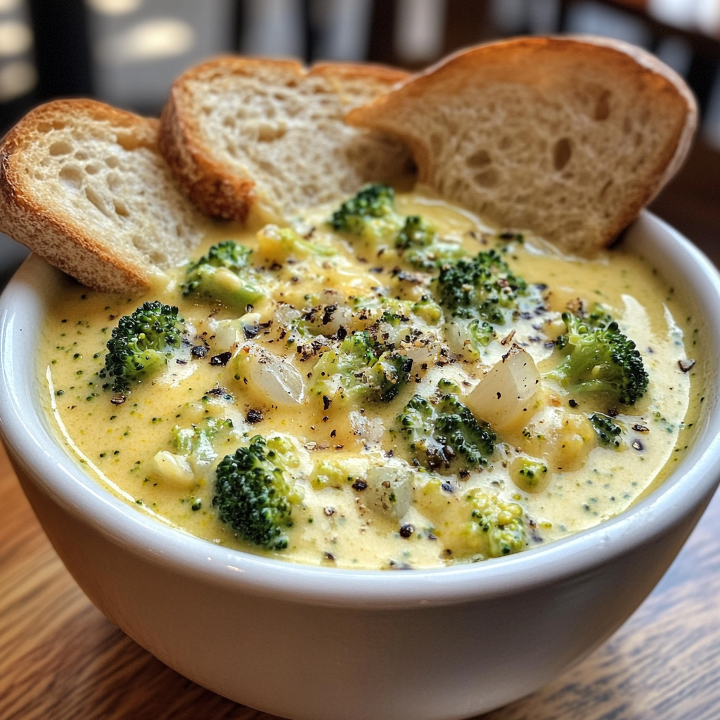 Warm broccoli cheddar soup with rustic bread slices