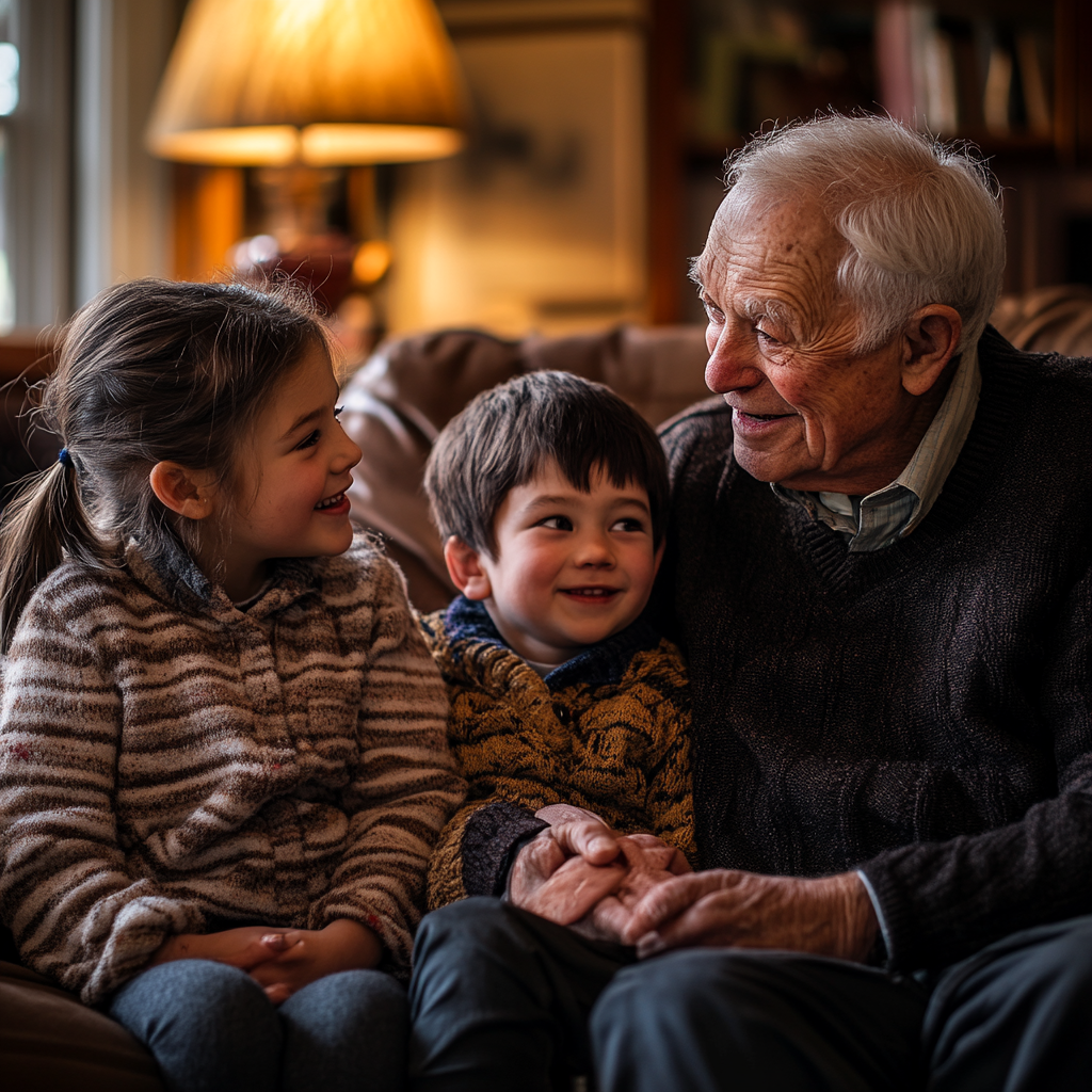 Warm family gathering with grandparents and children candidly interacting.