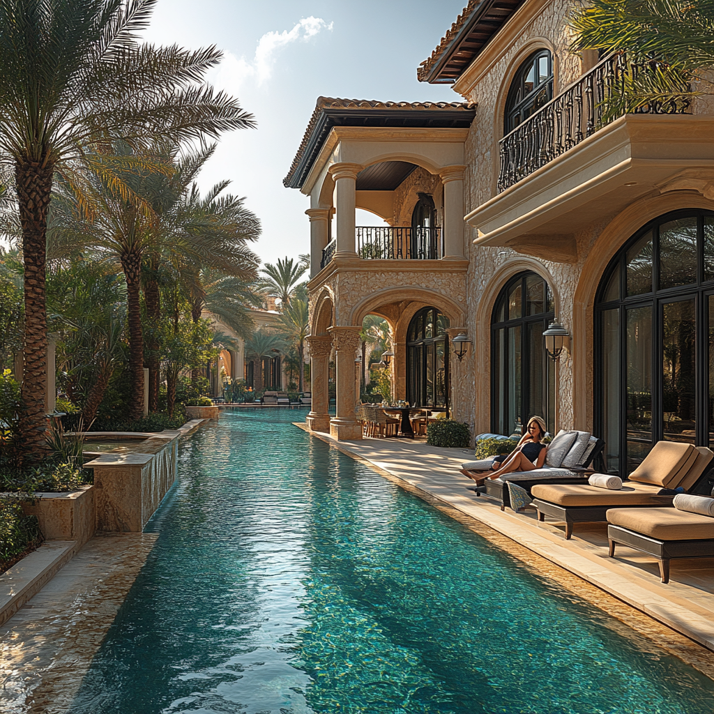 Warm golds, cool blues, luxurious pool villa shot.