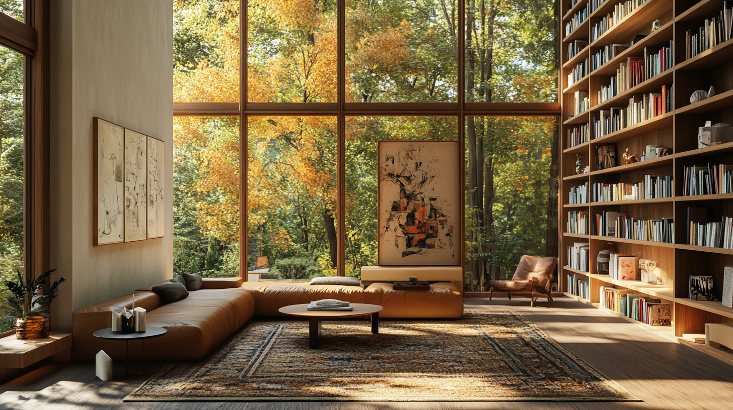 Warm mid-century modern living room with cozy ambiance.