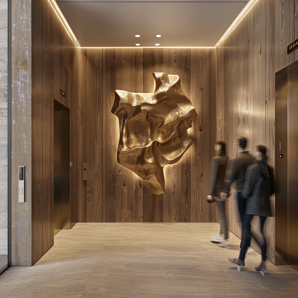 Warm oak hallway with brass sculpture and motion blur.