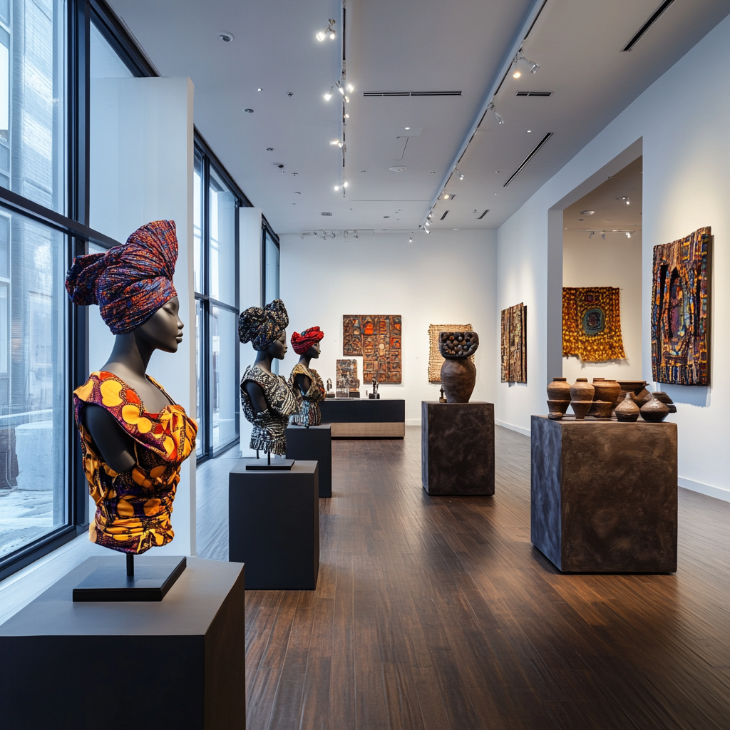 Warmly lit gallery room with fashion mannequins and clay structures.