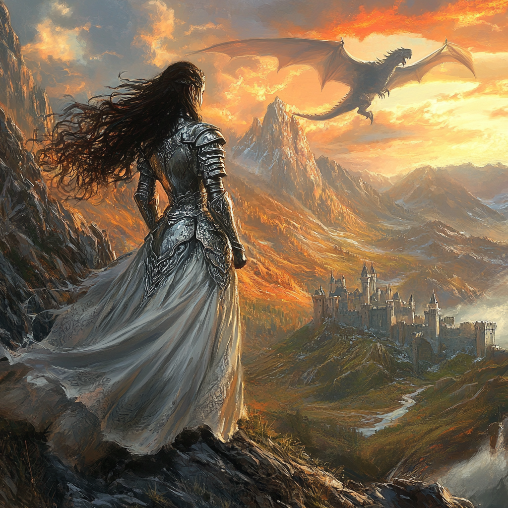 Warrior Princess and Dragon at Sunset Scene