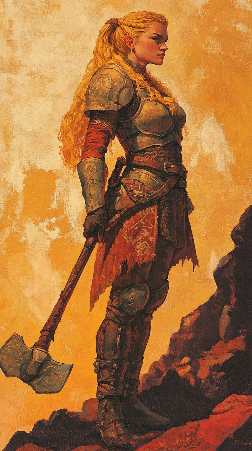 Warrior dwarf woman with giant axe trading card