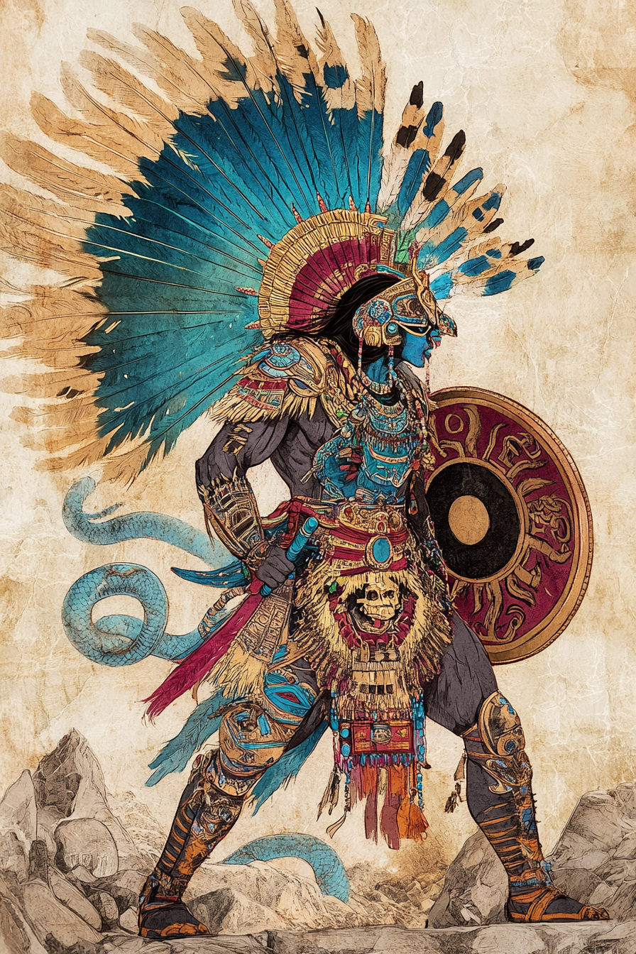 Warrior god Huitzilopochtli in hummingbird feather armor