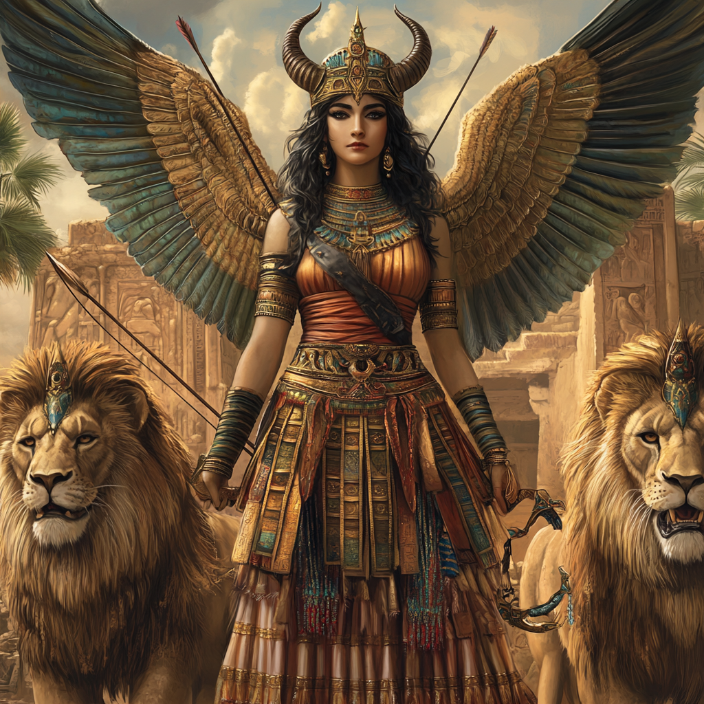 Warrior goddess Ishtar, winged beauty standing on lions.