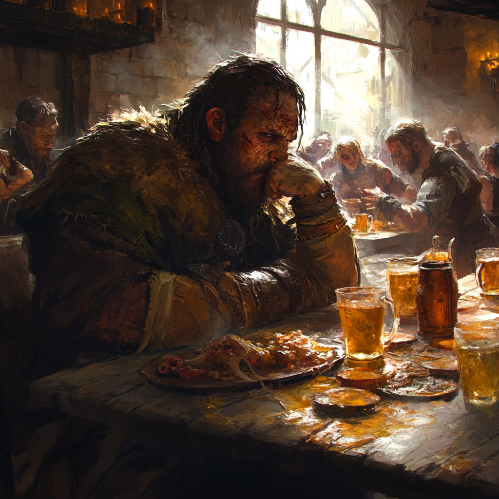 Warrior in Morning Tavern after Long Night Feast