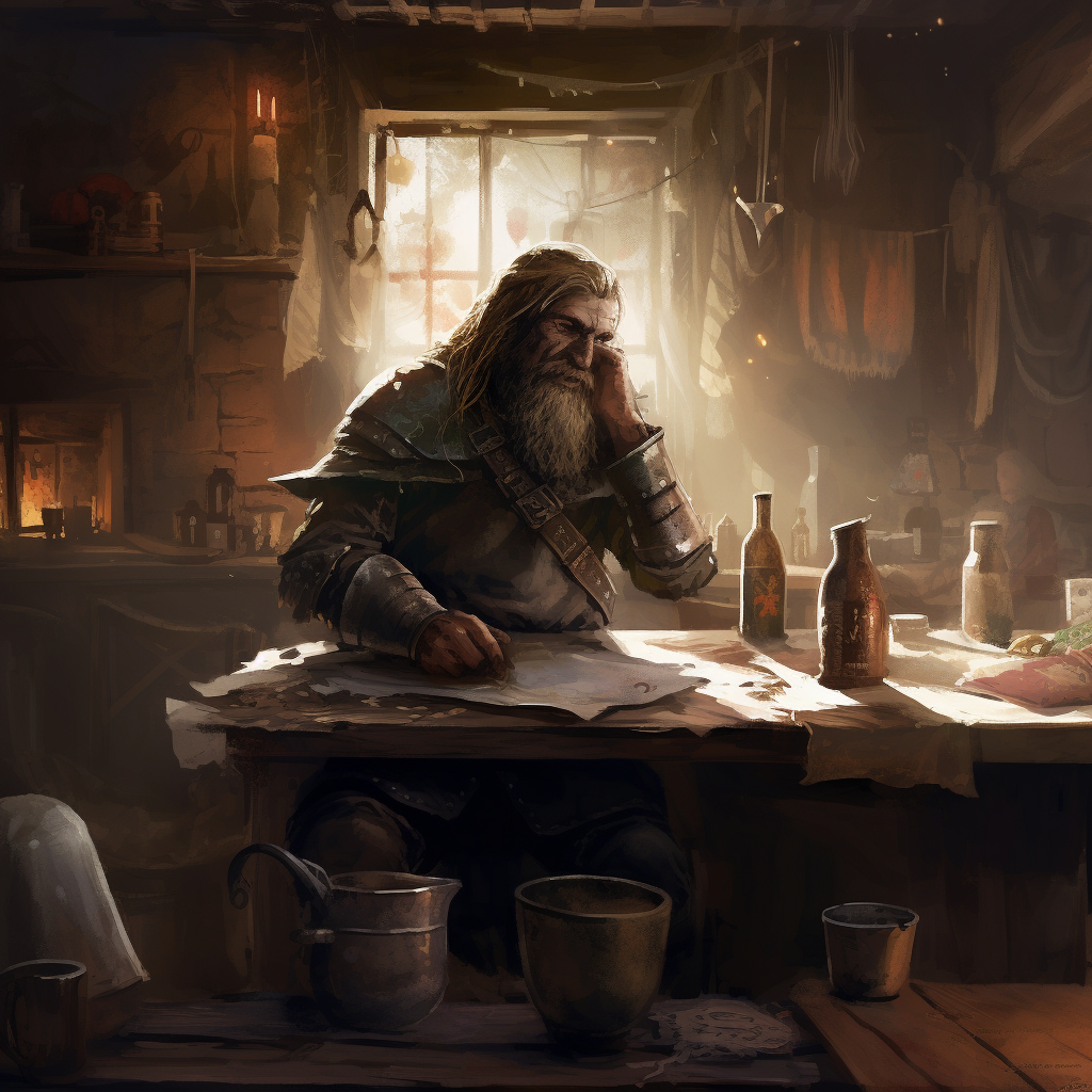 Warrior in medieval tavern at daybreak