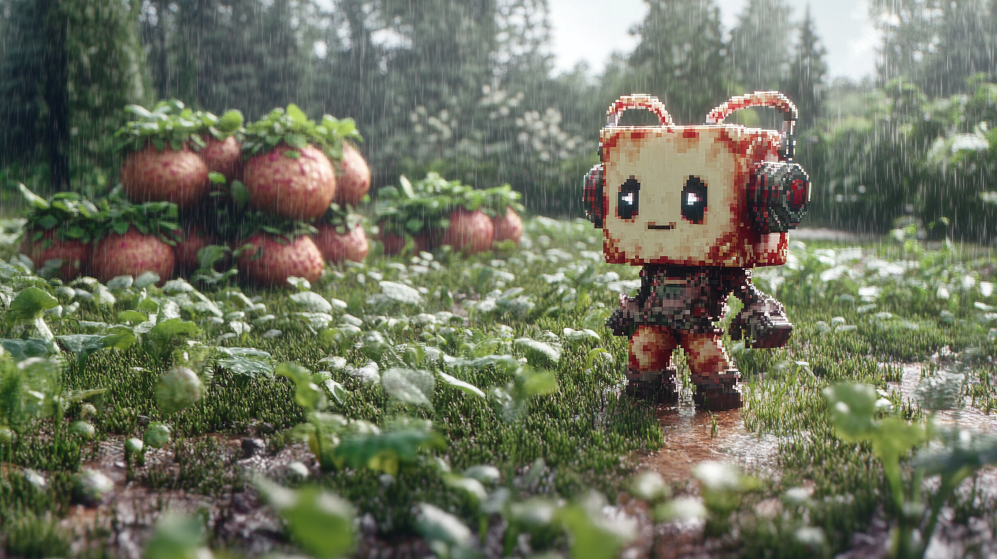 Warrior marshmallow with headphones in pixel potato farm.