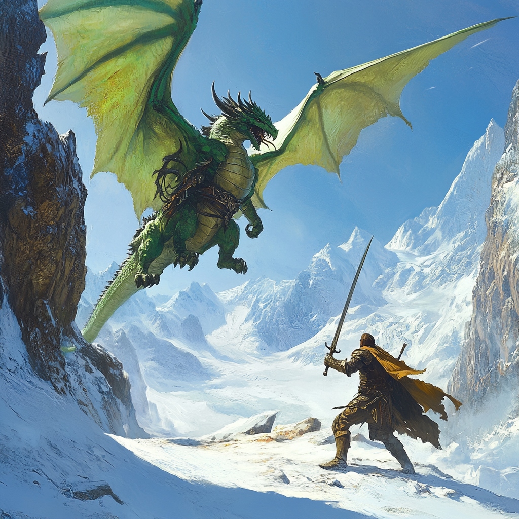 Warrior on dragon attacks warrior on mountain plateau in snow.