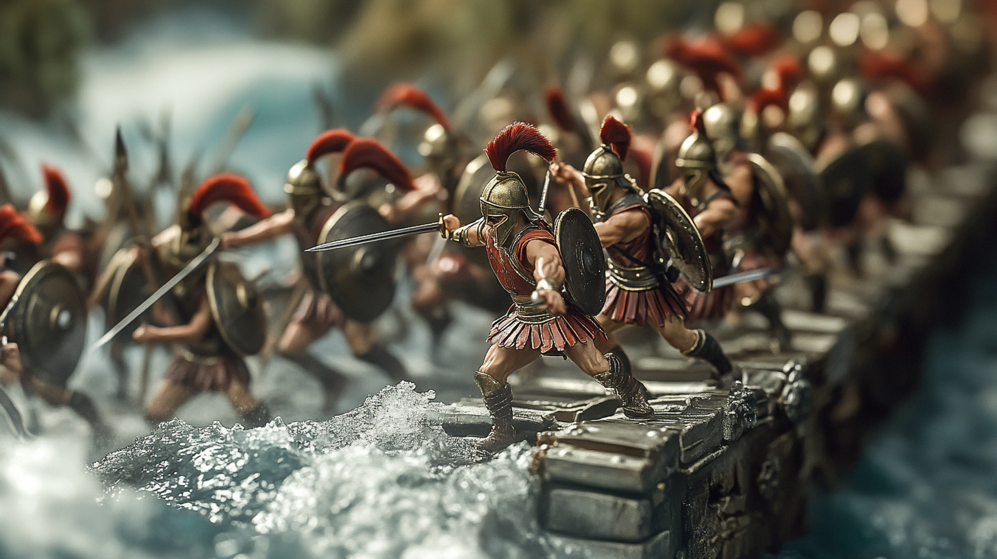 Warriors battling fiercely on bridge over turbulent waters.