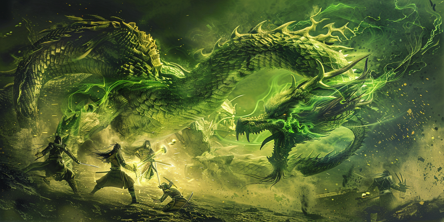 Warriors fight dragon in night with green aura.