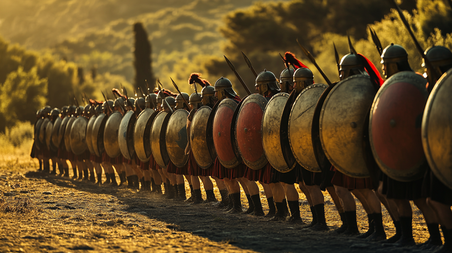 Warriors training, shields, shadows, ancient Greece background - realistic.