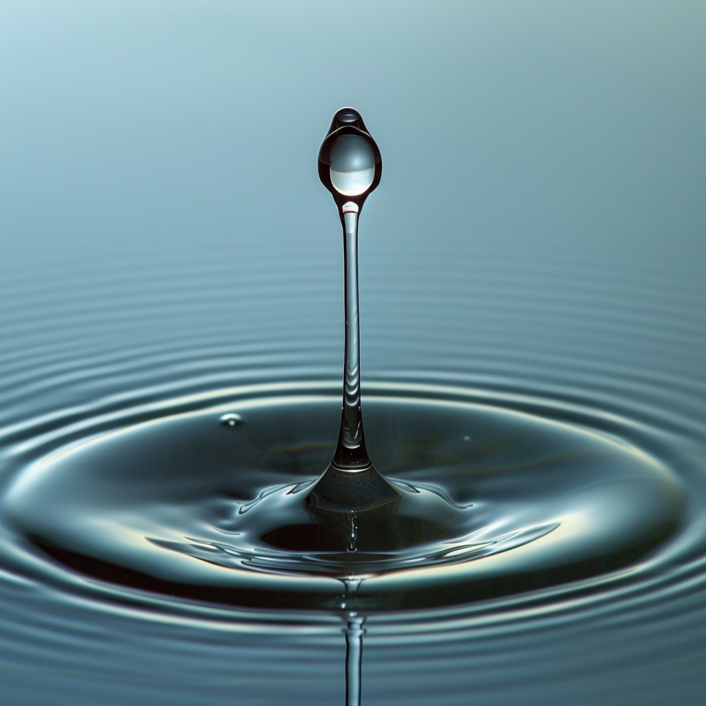 Water droplet creating ripples on light blue surface.