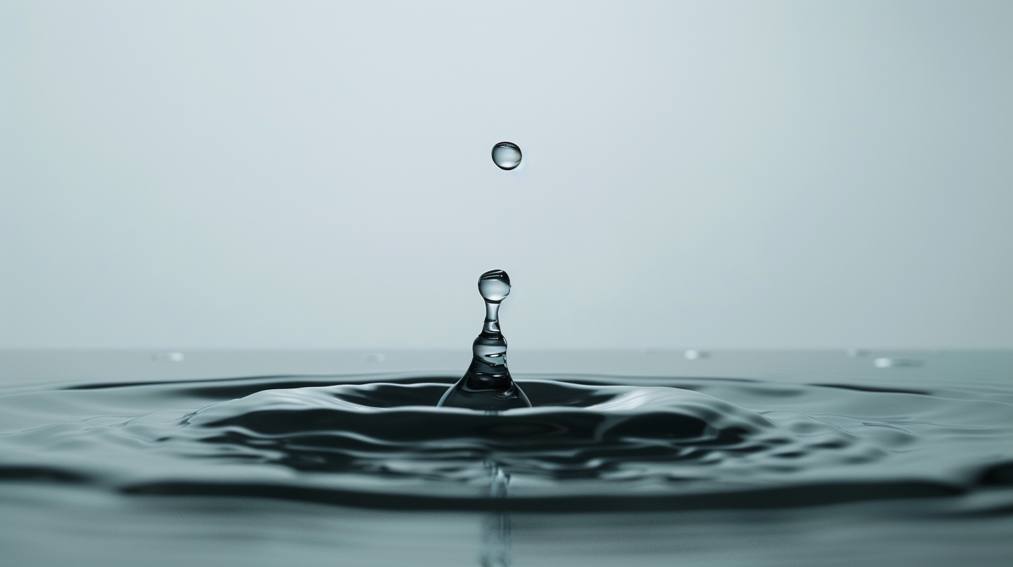 Water droplet falling, studio background grey to white gradient.