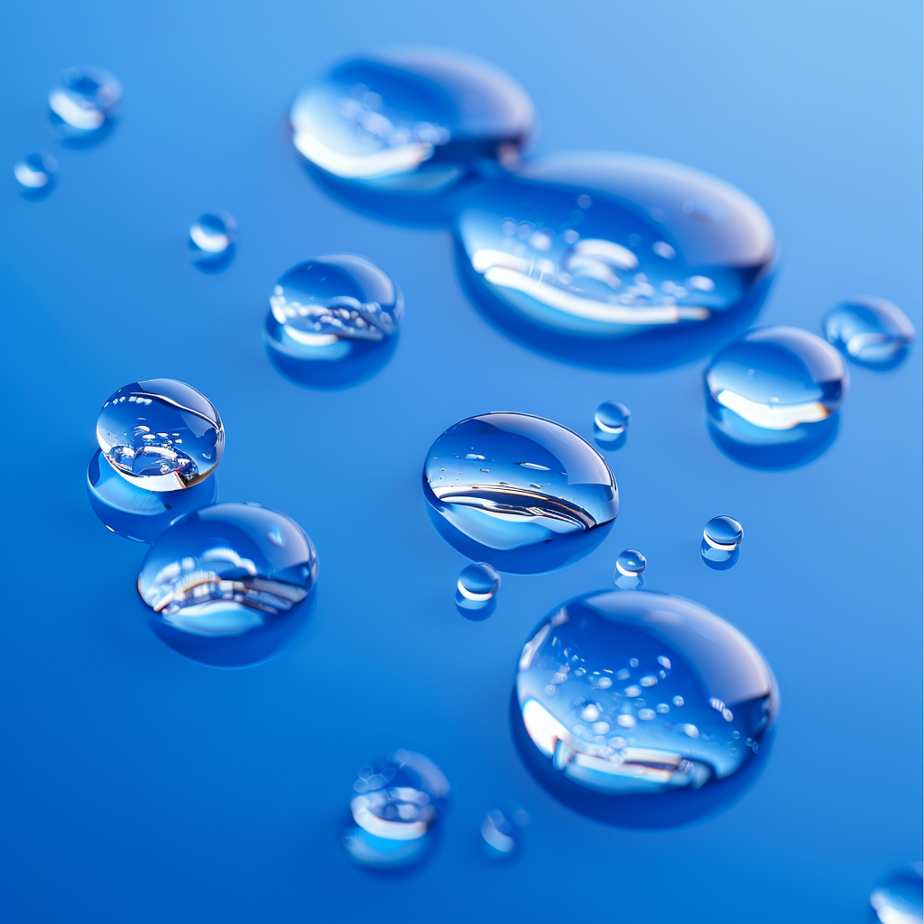 Water droplets in different sizes on blue background.