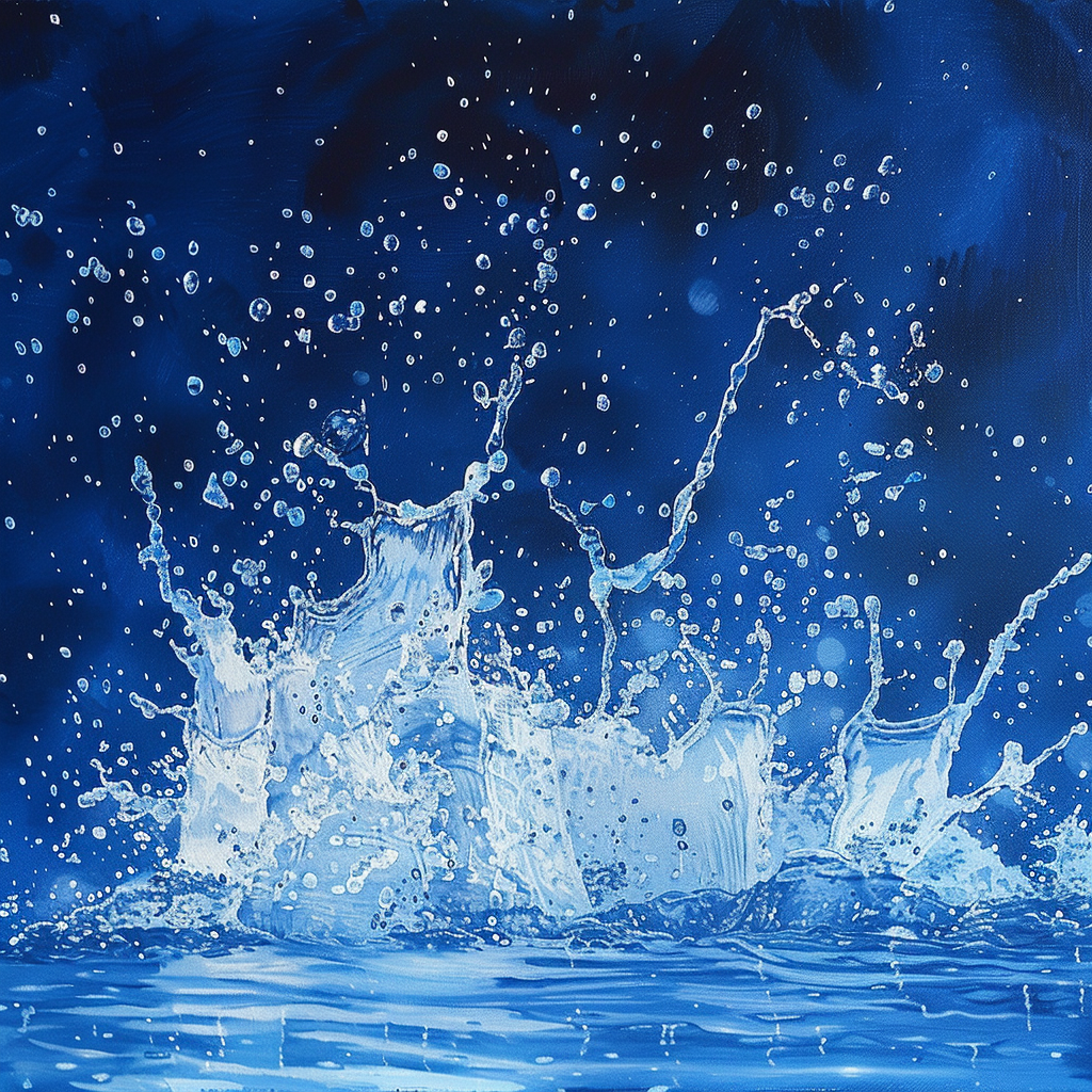 Water splashes in motion against deep blue backdrop.