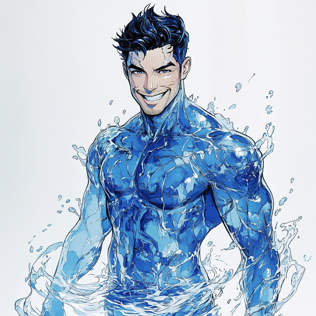 Water superhero with blue body smiling. White background. Style.