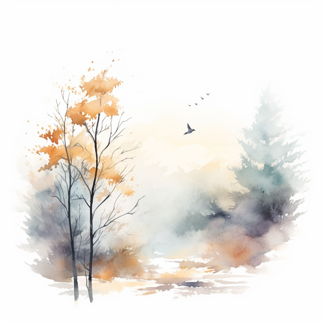 Watercolor Autumn Landscape with Bird Silhouettes