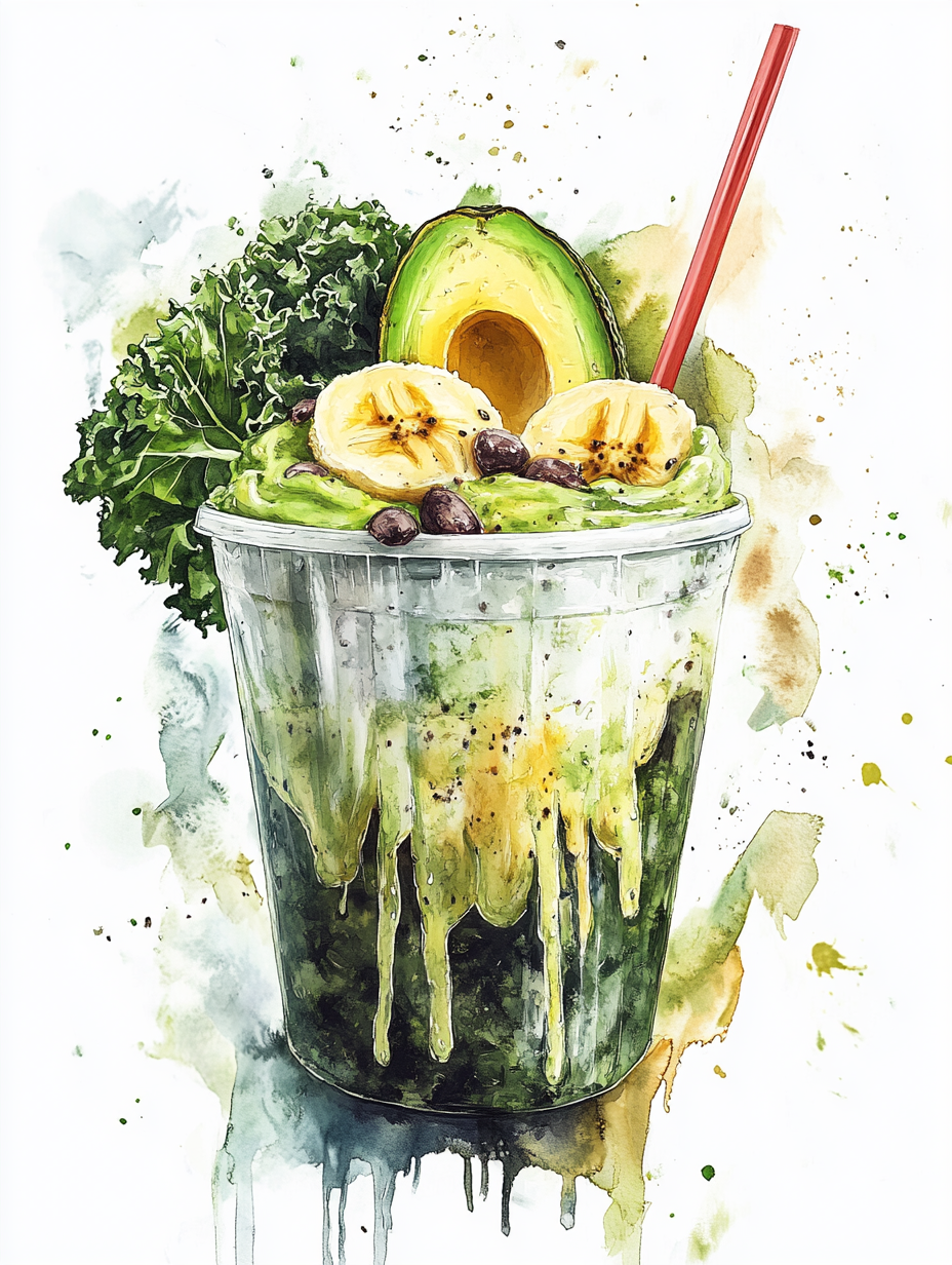 Watercolor Food Art Shake Illustration With Avocado and Kale