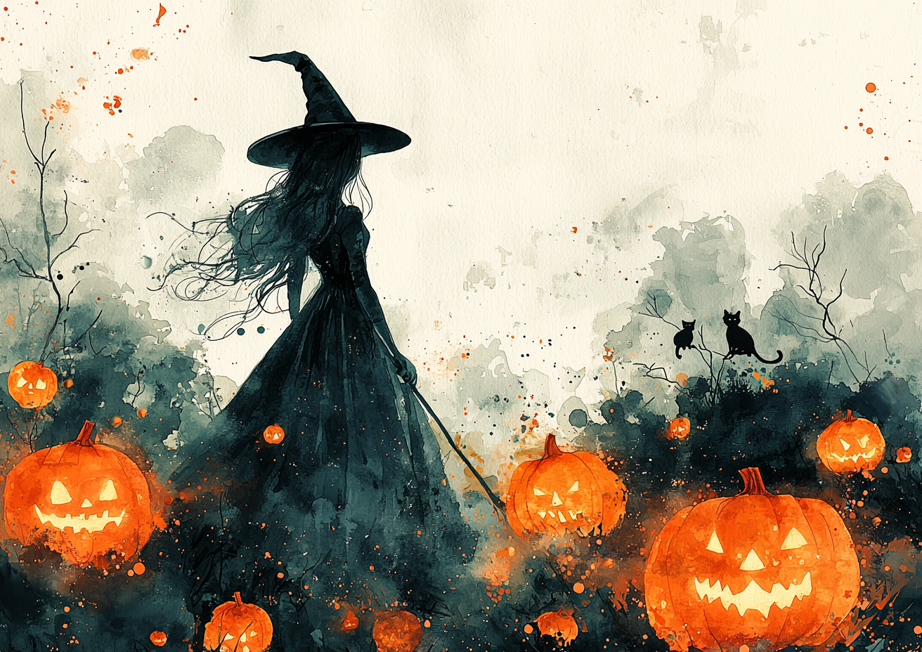 Watercolor Halloween scene with glowing pumpkins, black cats.