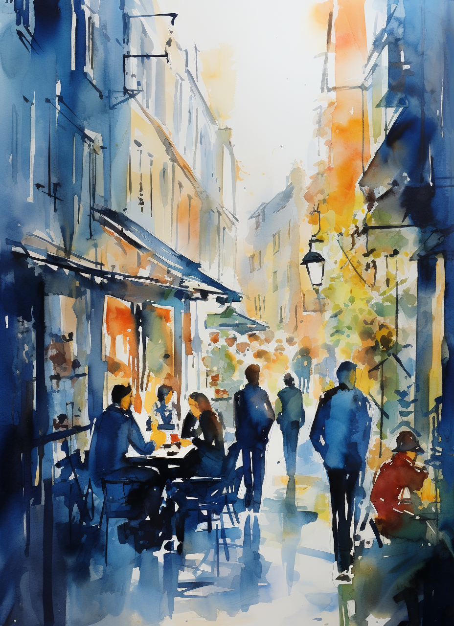 Sketch of people on colorful street