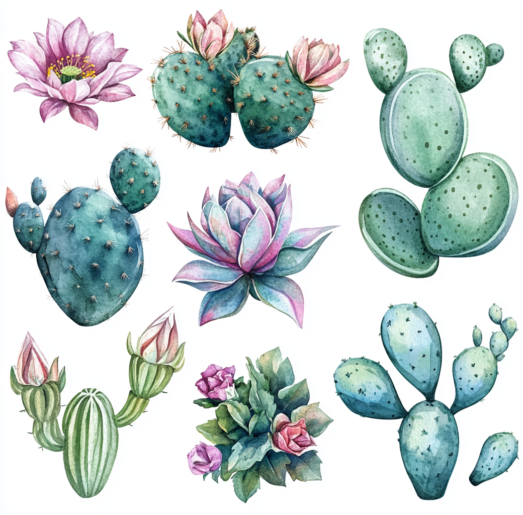 Watercolor cactus flower and leaf stickers on white background.