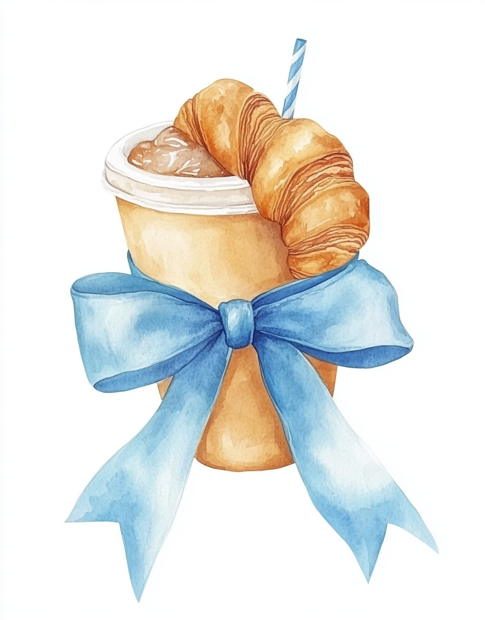 Watercolor croissant drawing with blue ribbon, ice coffee clipart.