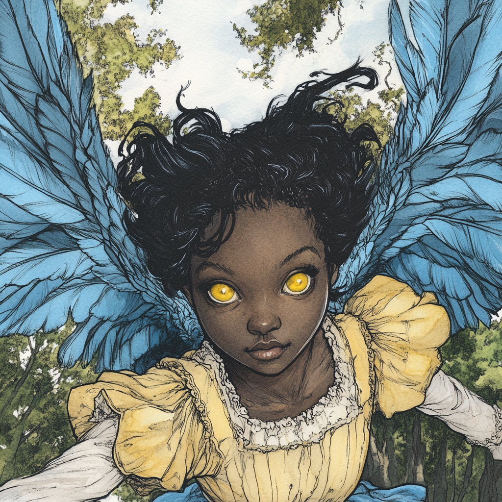 Watercolor drawing of young dark-skinned southern belle flying