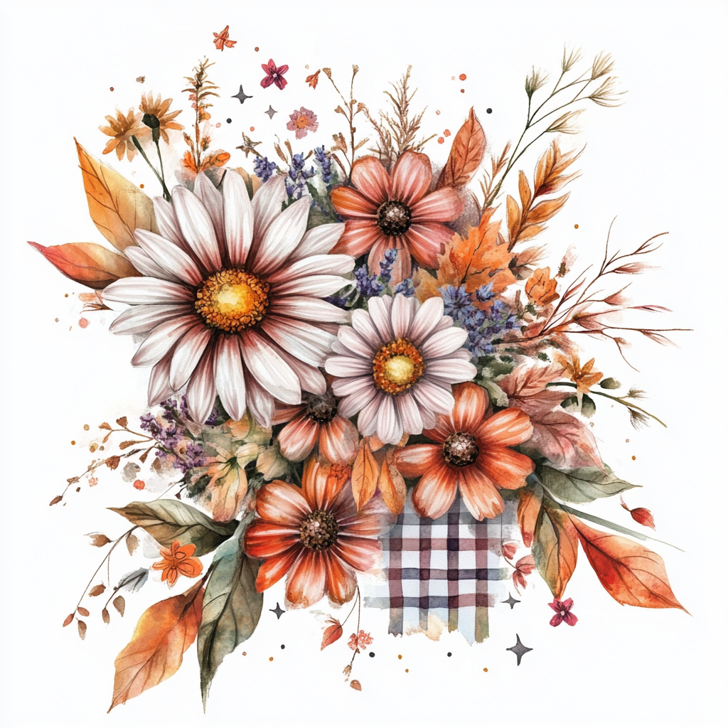 Watercolor handrawn fall bouquet with daisies on white background.