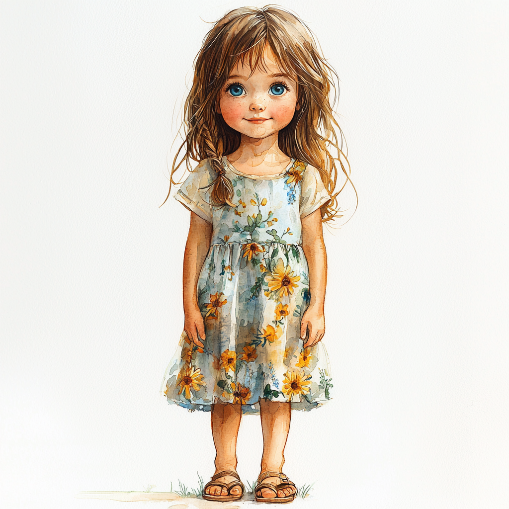 Watercolor illustration of a young girl in dress