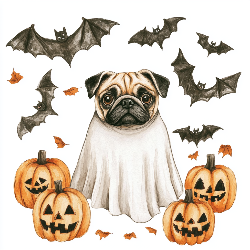 Watercolor pug in ghost costume with Halloween elements.